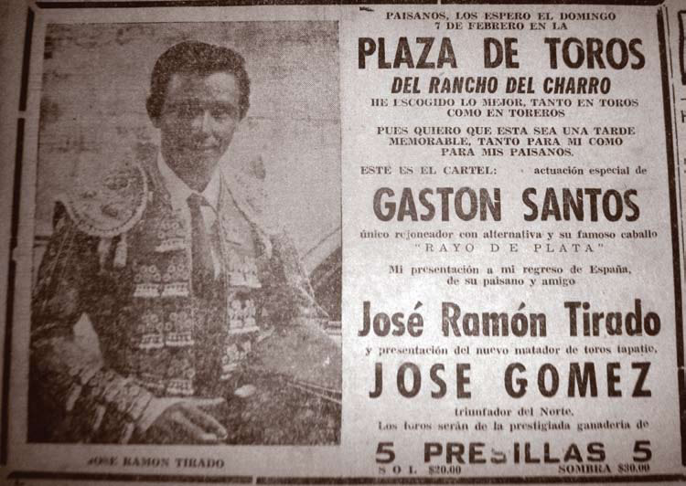 «El Ciclón Mazatleco» en la temporada de toros de 1960 en el lienzo Rancho del Charro de Mazatlán.